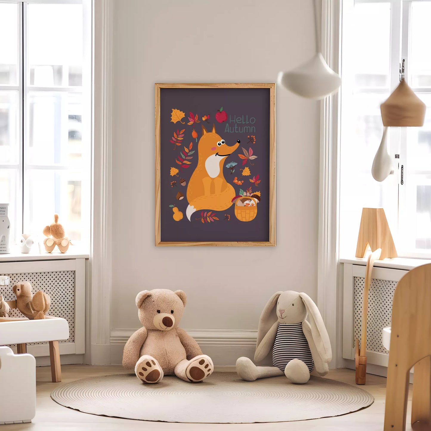  秋のきつねとバスケットのかわいいイラスト子供部屋用北欧アートポスター