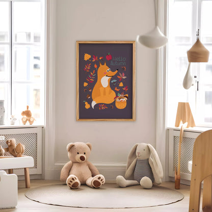  秋のきつねとバスケットのかわいいイラスト子供部屋用北欧アートポスター