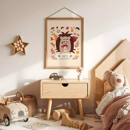 秋のハリネズミときのこのかわいいイラスト子供部屋用北欧アートポスター