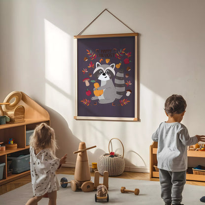  秋のたぬきと果物のかわいいイラスト子供部屋用北欧アートポスター