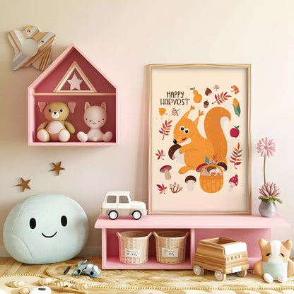 秋のりすときのこのかわいいイラスト子供部屋用北欧アートポスター