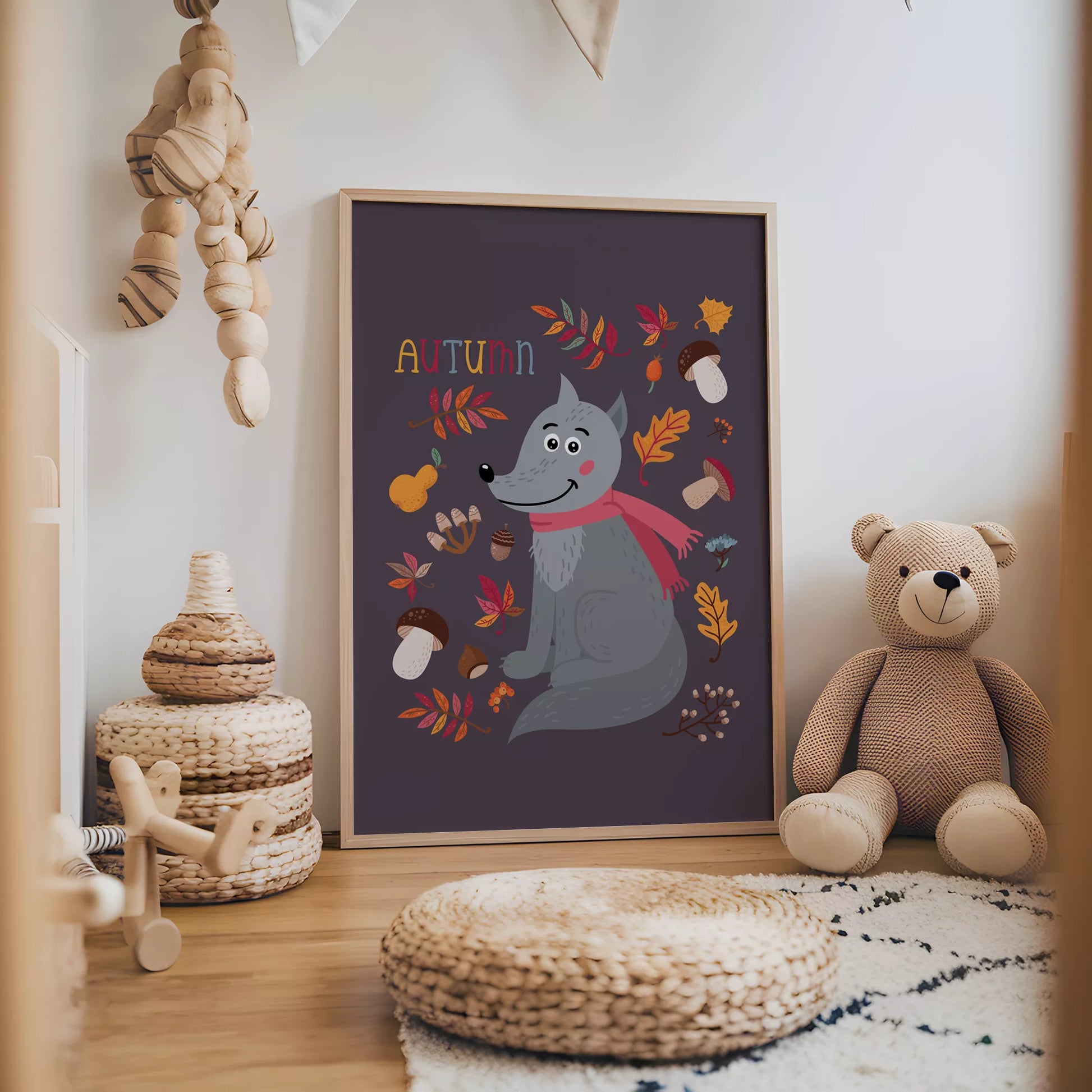  秋のオオカミと落ち葉のかわいいイラスト子供部屋用北欧アートポスター