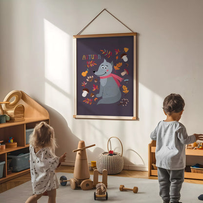  秋のオオカミと落ち葉のかわいいイラスト子供部屋用北欧アートポスター