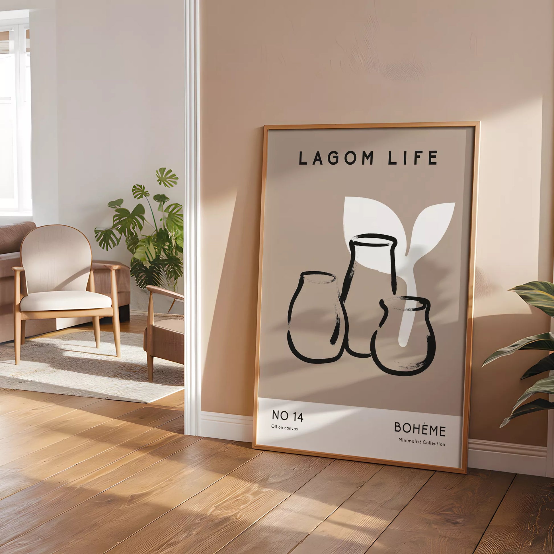 北欧ミニマリスト花瓶ボタニカルアートポスター ベージュ ボヘミアン ジャパンディ