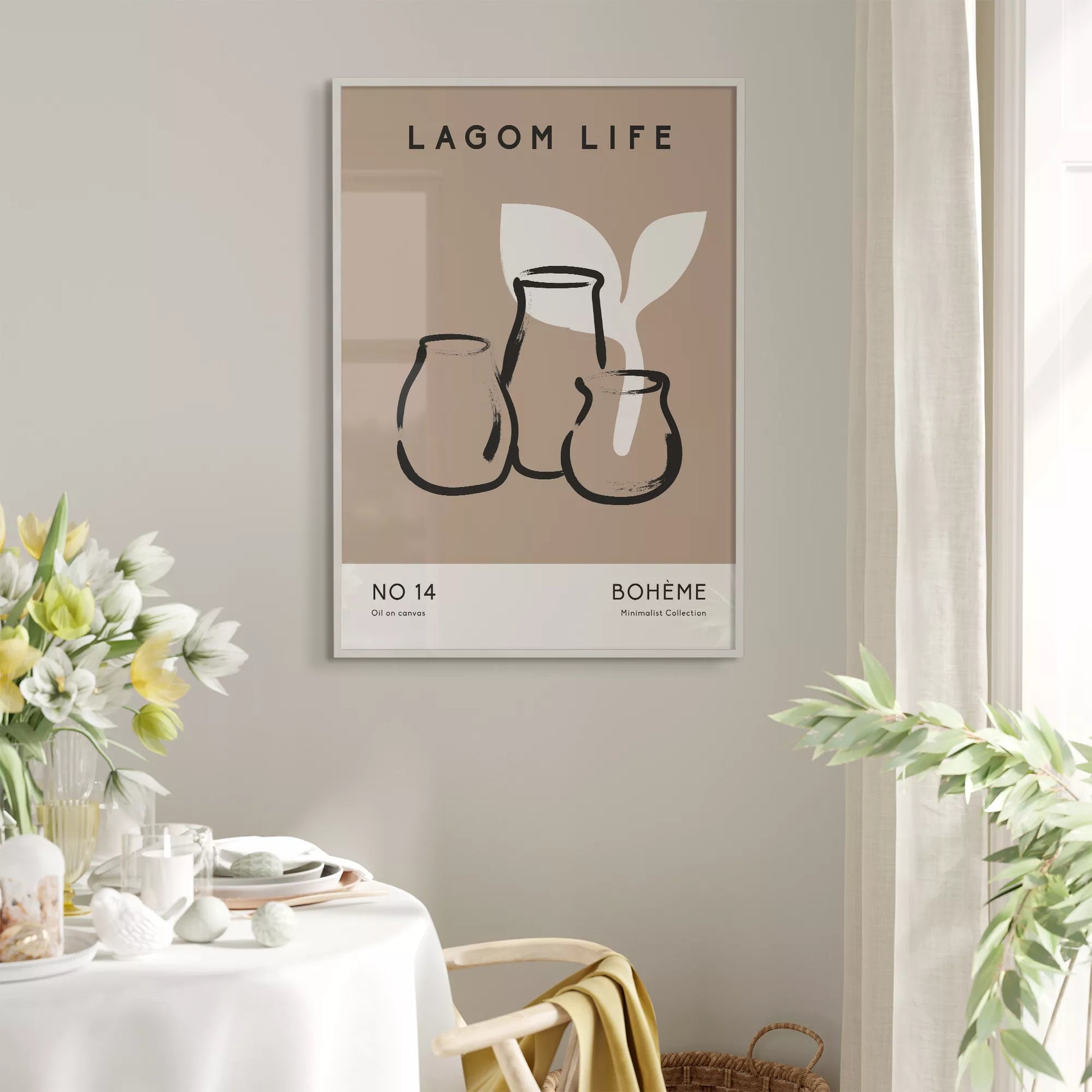 北欧ミニマリスト花瓶ボタニカルアートポスター ベージュ ボヘミアン ジャパンディ
