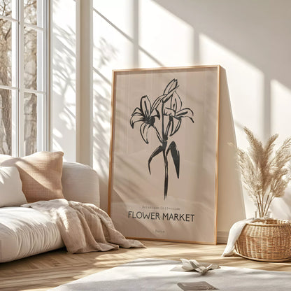 百合ラインアート ベージュボタニカルポスター 北欧ミニマル