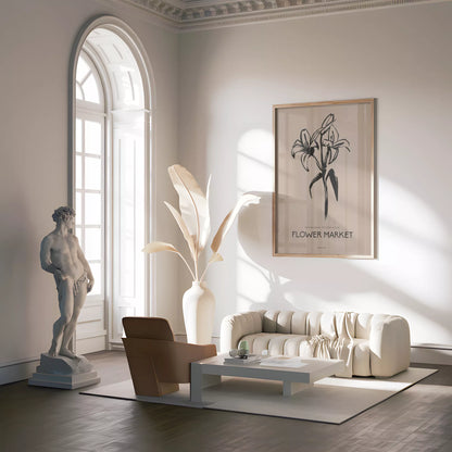 百合ラインアート ベージュボタニカルポスター 北欧ミニマル