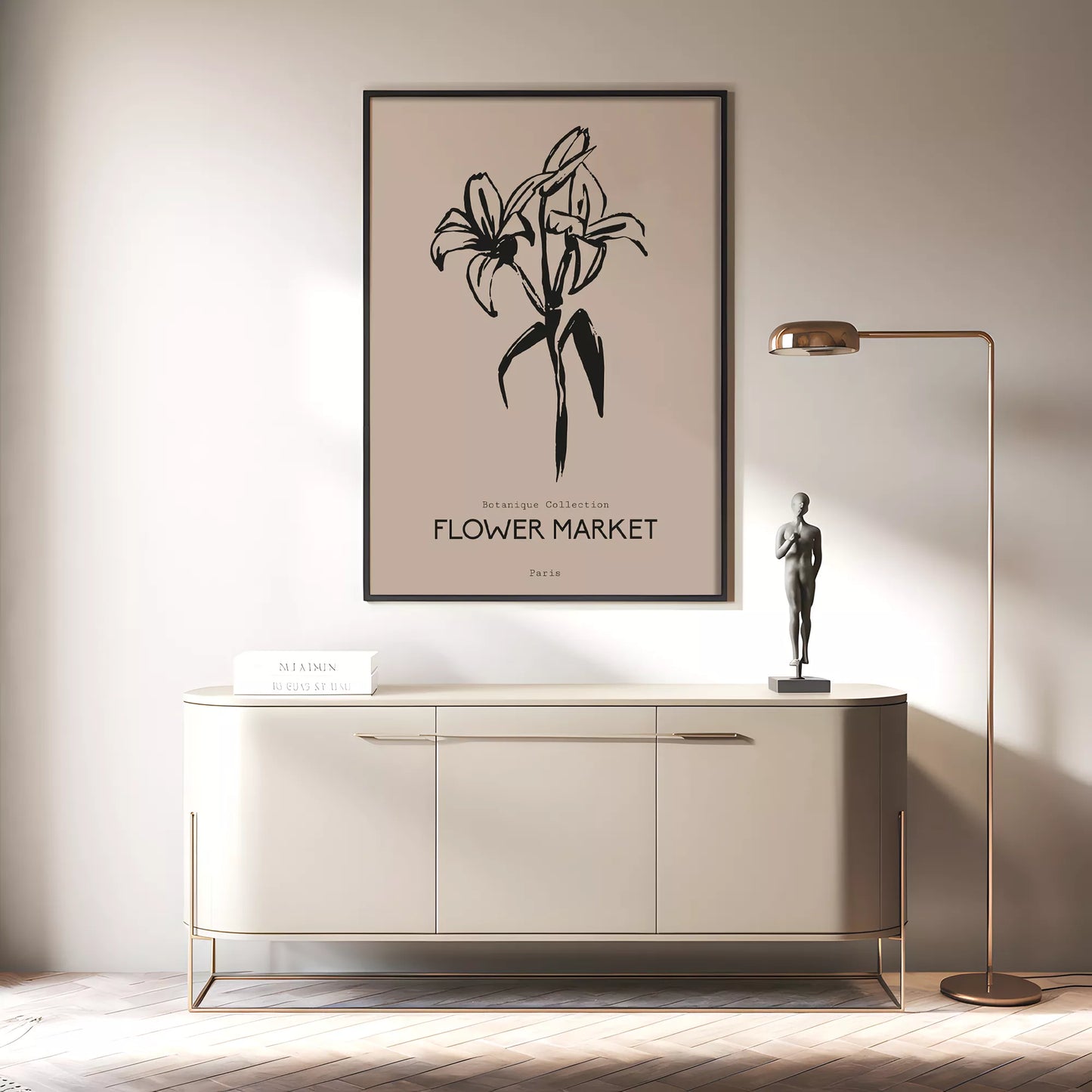 百合ラインアート ベージュボタニカルポスター 北欧ミニマル