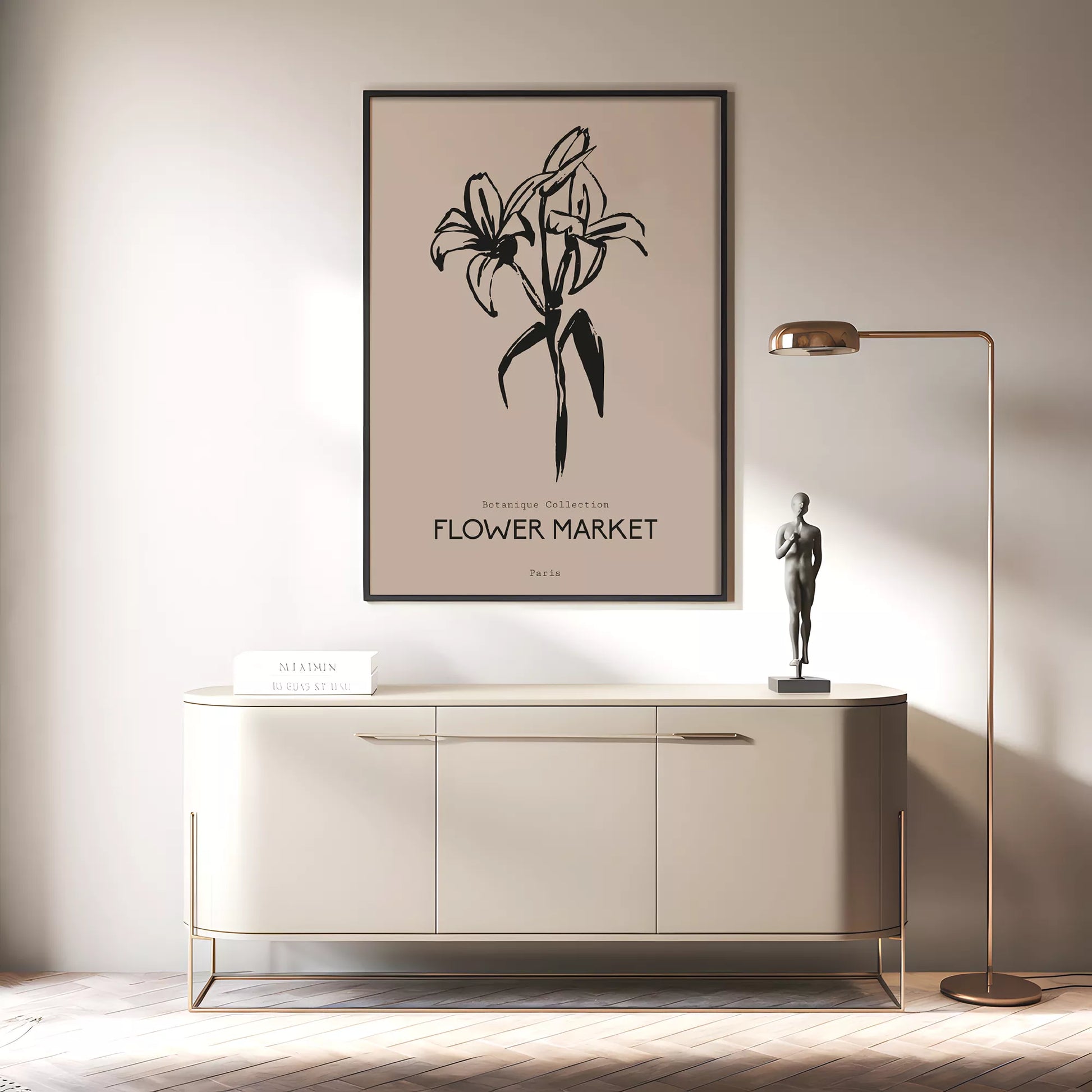 百合ラインアート ベージュボタニカルポスター 北欧ミニマル