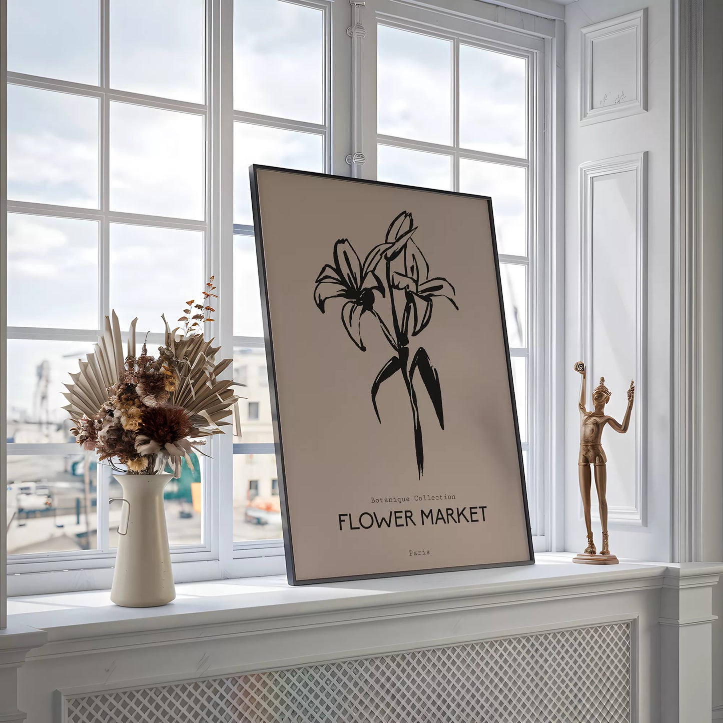 百合ラインアート ベージュボタニカルポスター 北欧ミニマル