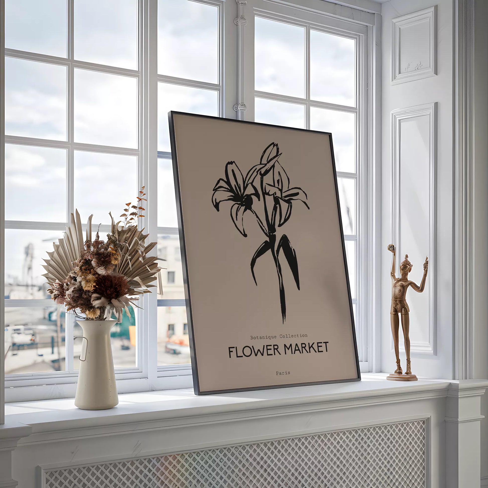 百合ラインアート ベージュボタニカルポスター 北欧ミニマル