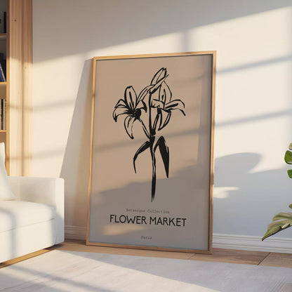 百合ラインアート ベージュボタニカルポスター 北欧ミニマル