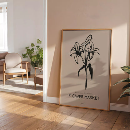 百合ラインアート ベージュボタニカルポスター 北欧ミニマル