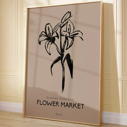 百合ラインアート ベージュボタニカルポスター 北欧ミニマル