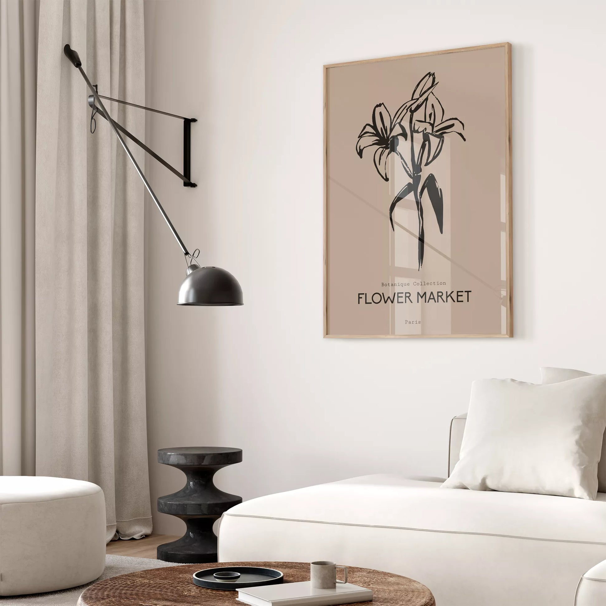 百合ラインアート ベージュボタニカルポスター 北欧ミニマル