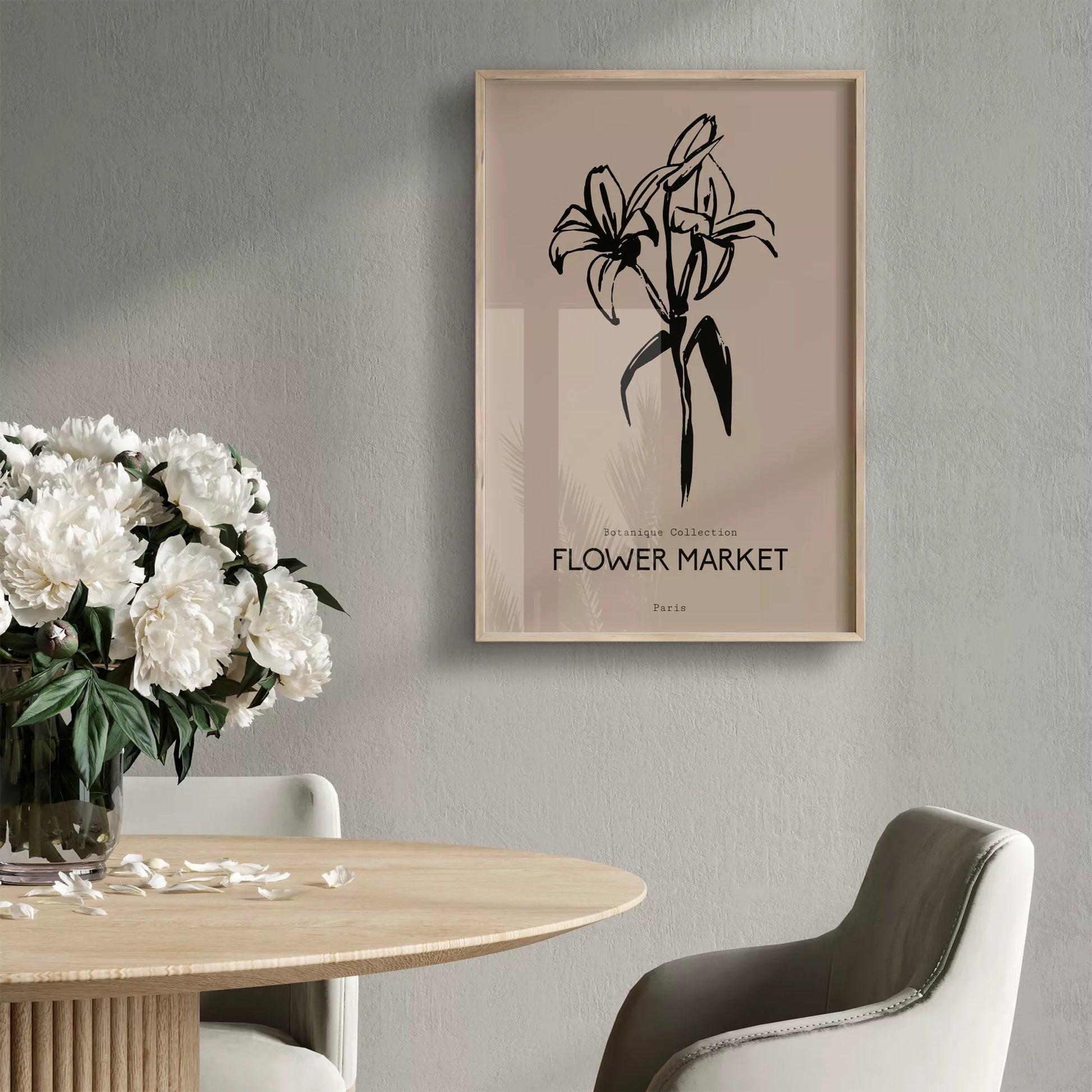 百合ラインアート ベージュボタニカルポスター 北欧ミニマル