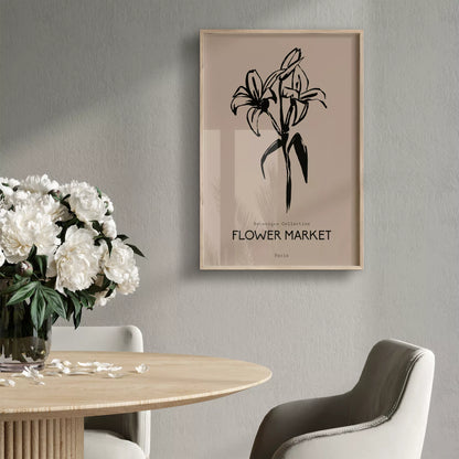 百合ラインアート ベージュボタニカルポスター 北欧ミニマル