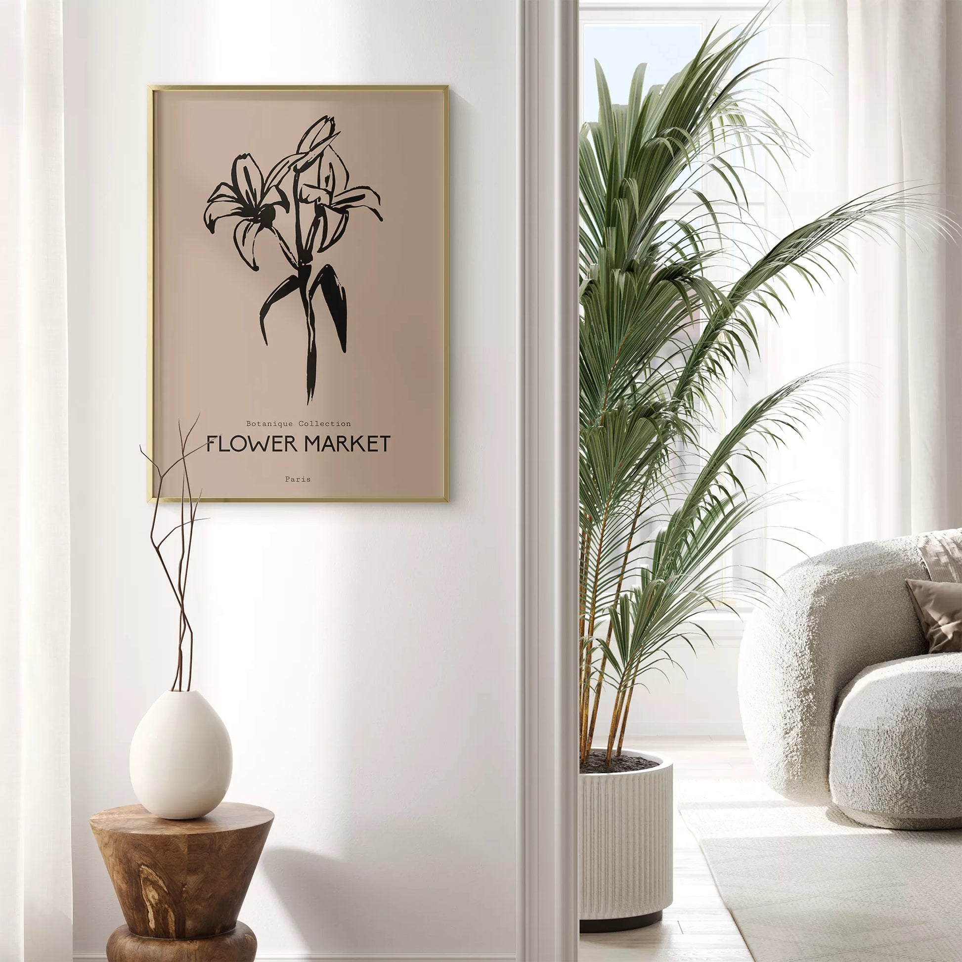 百合ラインアート ベージュボタニカルポスター 北欧ミニマル
