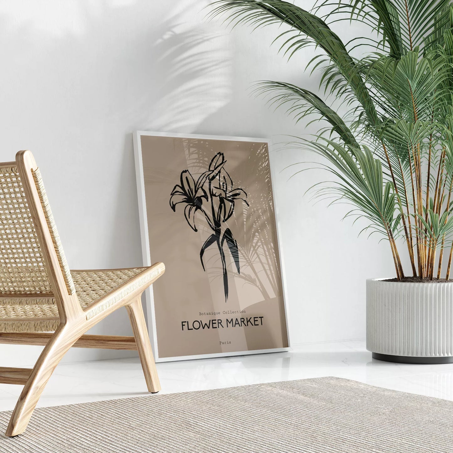 百合ラインアート ベージュボタニカルポスター 北欧ミニマル