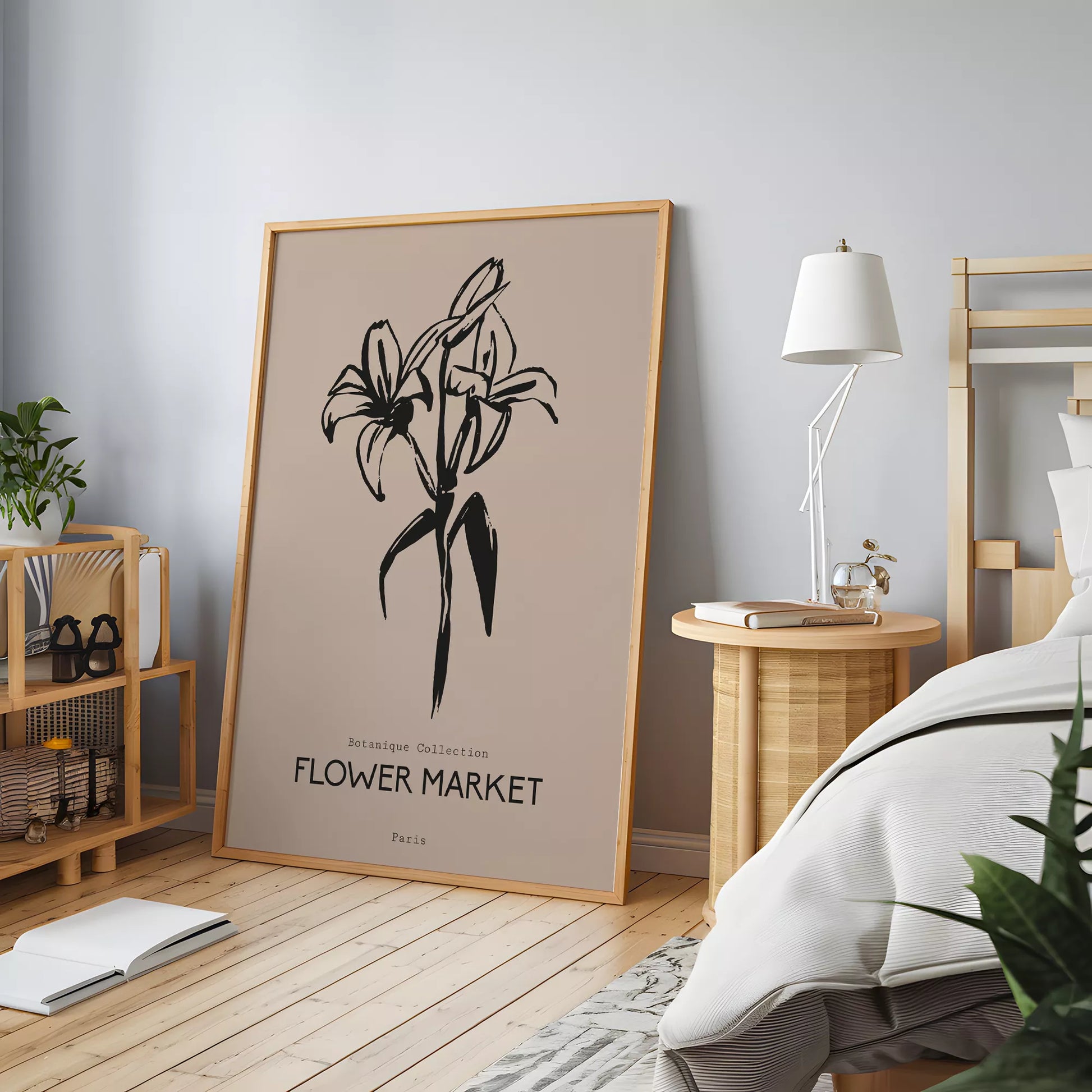 百合ラインアート ベージュボタニカルポスター 北欧ミニマル