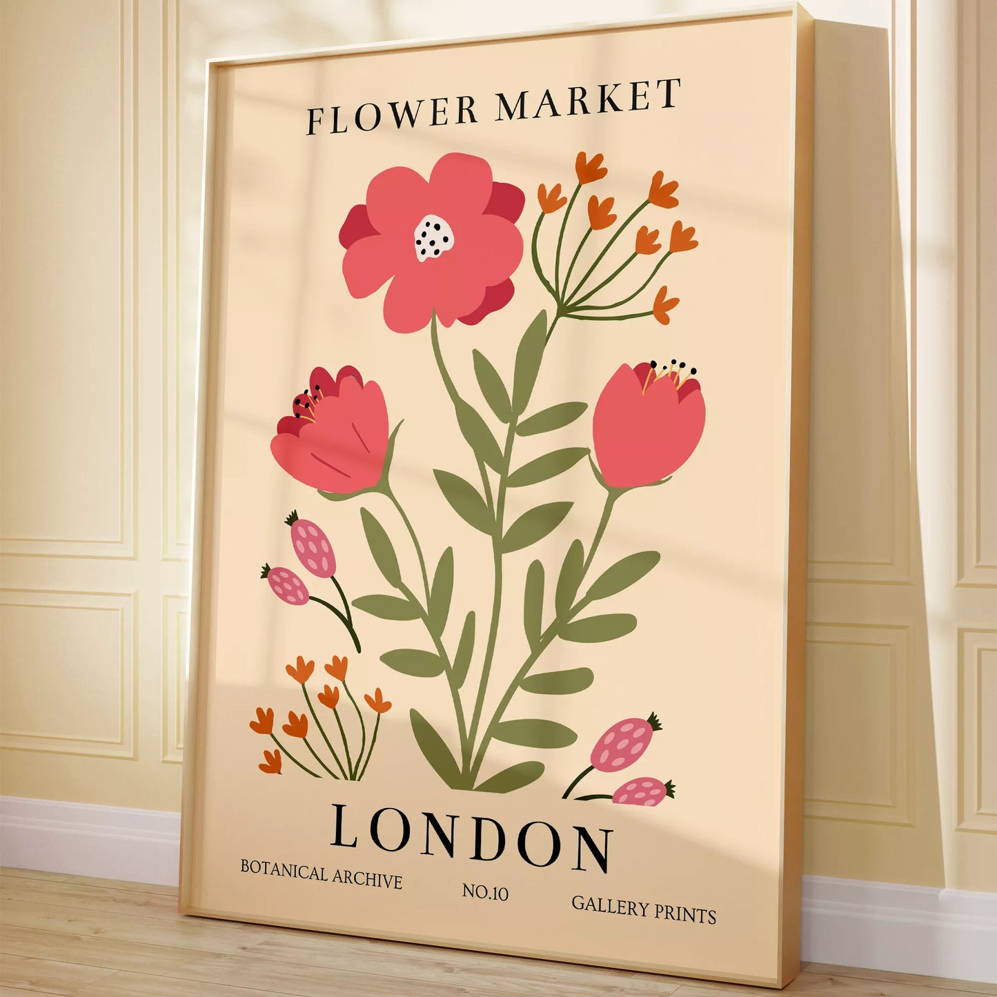 ロンドンフラワーマーケットのボタニカルアートポスター、ピンク色の花とオレンジ色の小花が描かれたレトロなデザイン