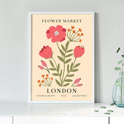 ロンドンフラワーマーケットのボタニカルアートポスター、ピンク色の花とオレンジ色の小花が描かれたレトロなデザイン