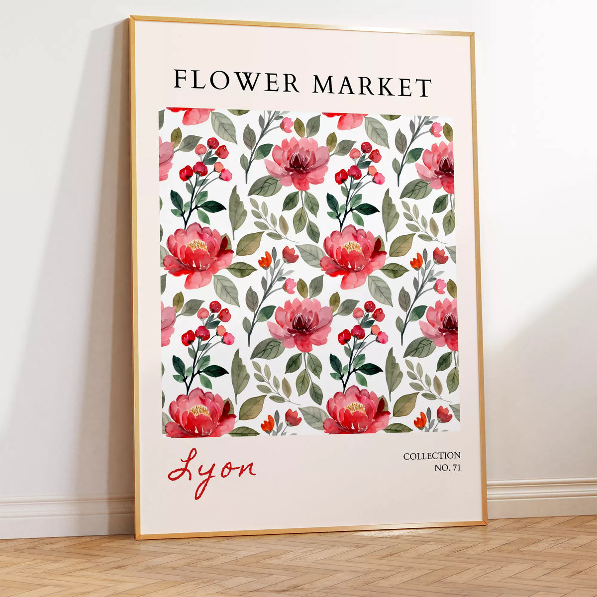 クリーム色の余白にFLOWER MARKETの文字と赤・ピンクの花柄を配した縦長ポスター
