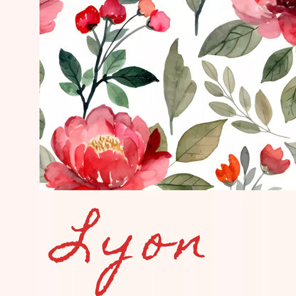 赤とピンクの花、緑の葉の水彩画風の表現と、Lyonの赤い文字を拡大したポスター図柄の詳細