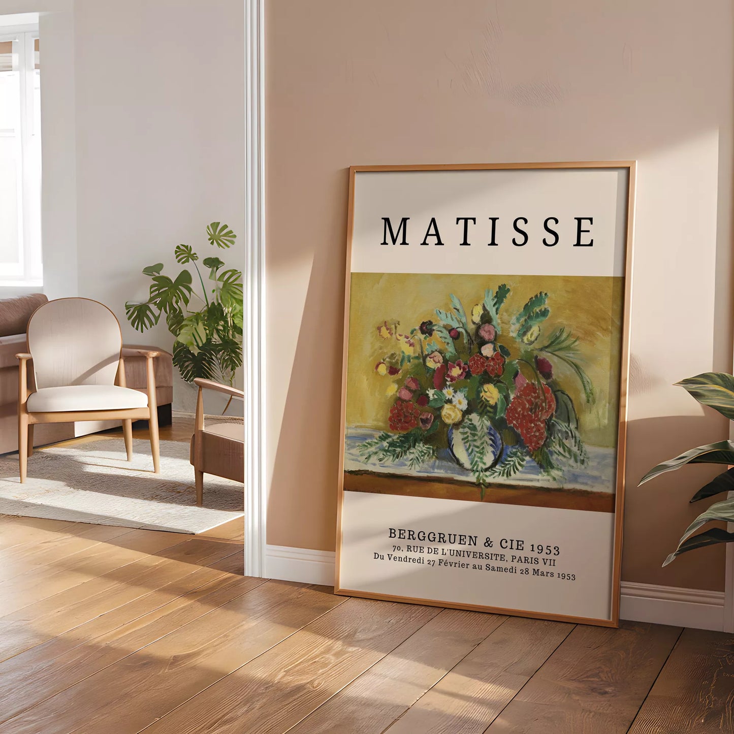 マティス風赤いバラ黄色い花のボタニカルアートポスター