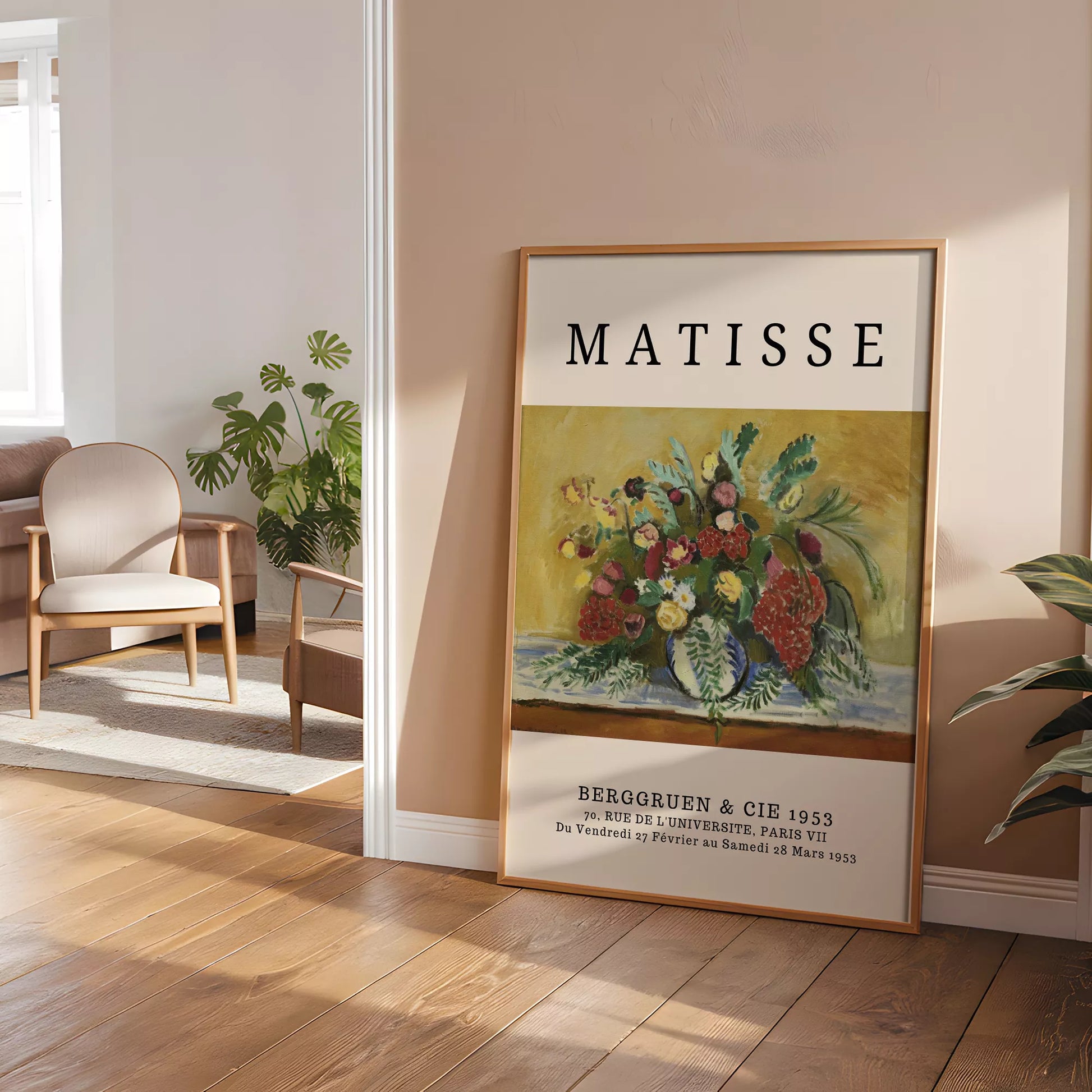 マティス風赤いバラ黄色い花のボタニカルアートポスター