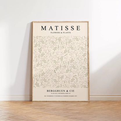 マティスの植物と花の展覧会ポスター、1953年パリ開催、クリーム色の背景に繊細な植物の線画デザインが特徴的なヴィンテージポスター
