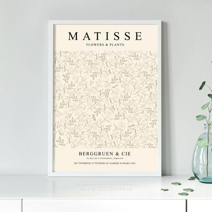 マティスの植物と花の展覧会ポスター、1953年パリ開催、クリーム色の背景に繊細な植物の線画デザインが特徴的なヴィンテージポスター