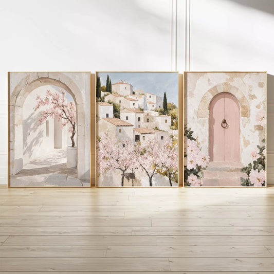 地中海の白い村、石造りのアーチ、ピンクの花と扉を描いた水彩画風3枚組アートポスター