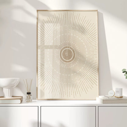 優雅な放射状デザイン、ベージュゴールドの日の出アート