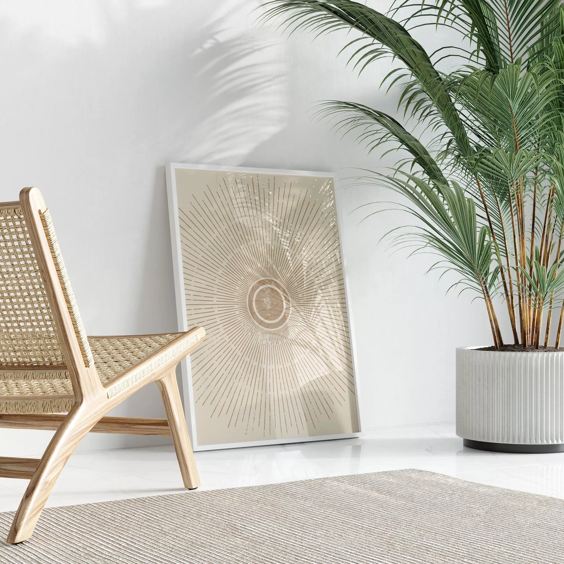 優雅な放射状デザイン、ベージュゴールドの日の出アート