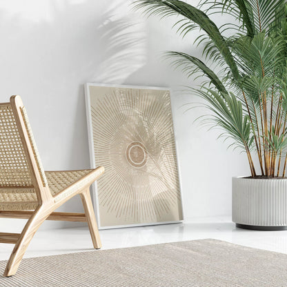 優雅な放射状デザイン、ベージュゴールドの日の出アート