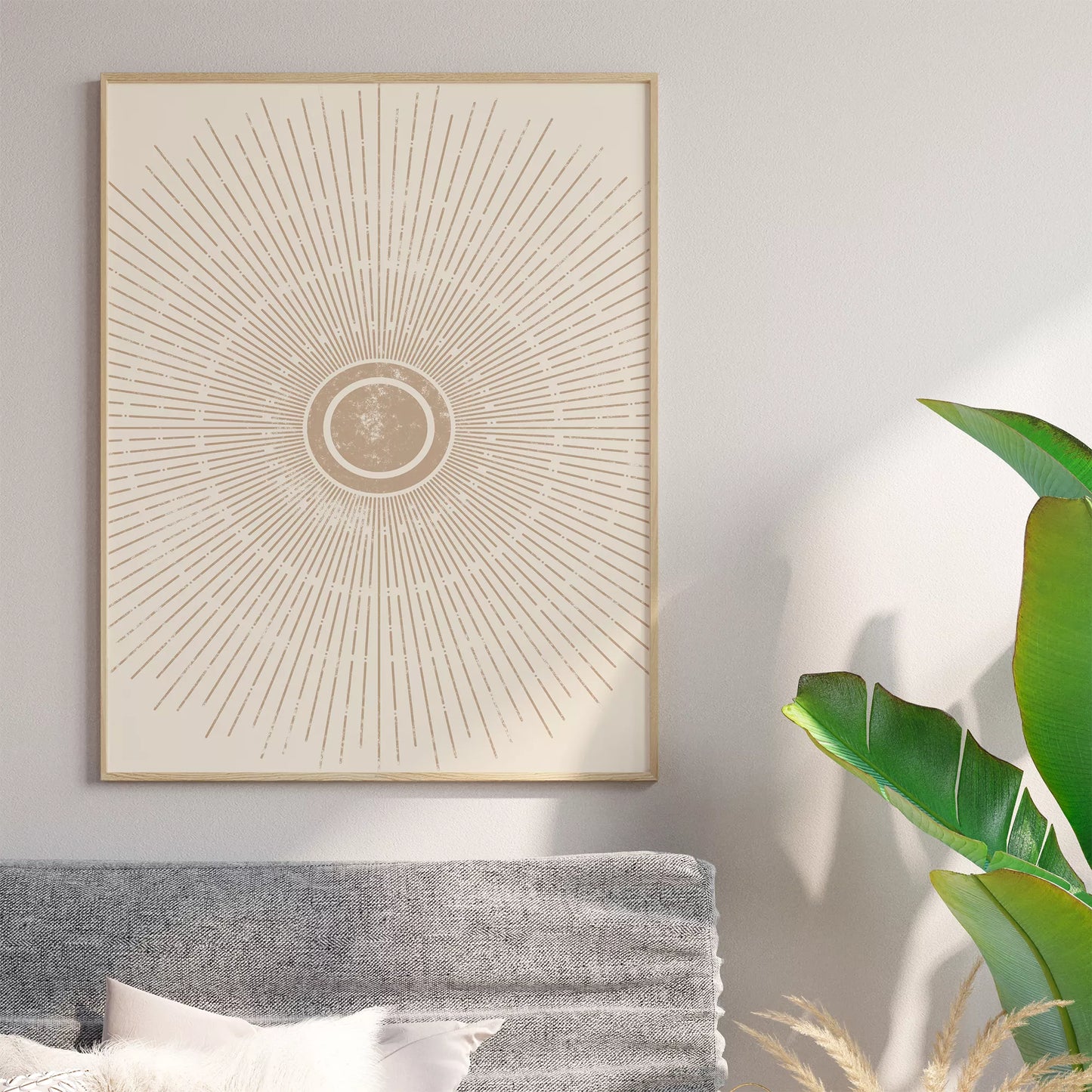 優雅な放射状デザイン、ベージュゴールドの日の出アート