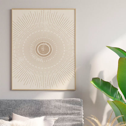 優雅な放射状デザイン、ベージュゴールドの日の出アート