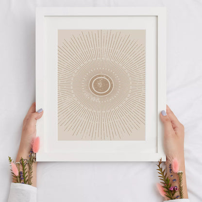 優雅な放射状デザイン、ベージュゴールドの日の出アート