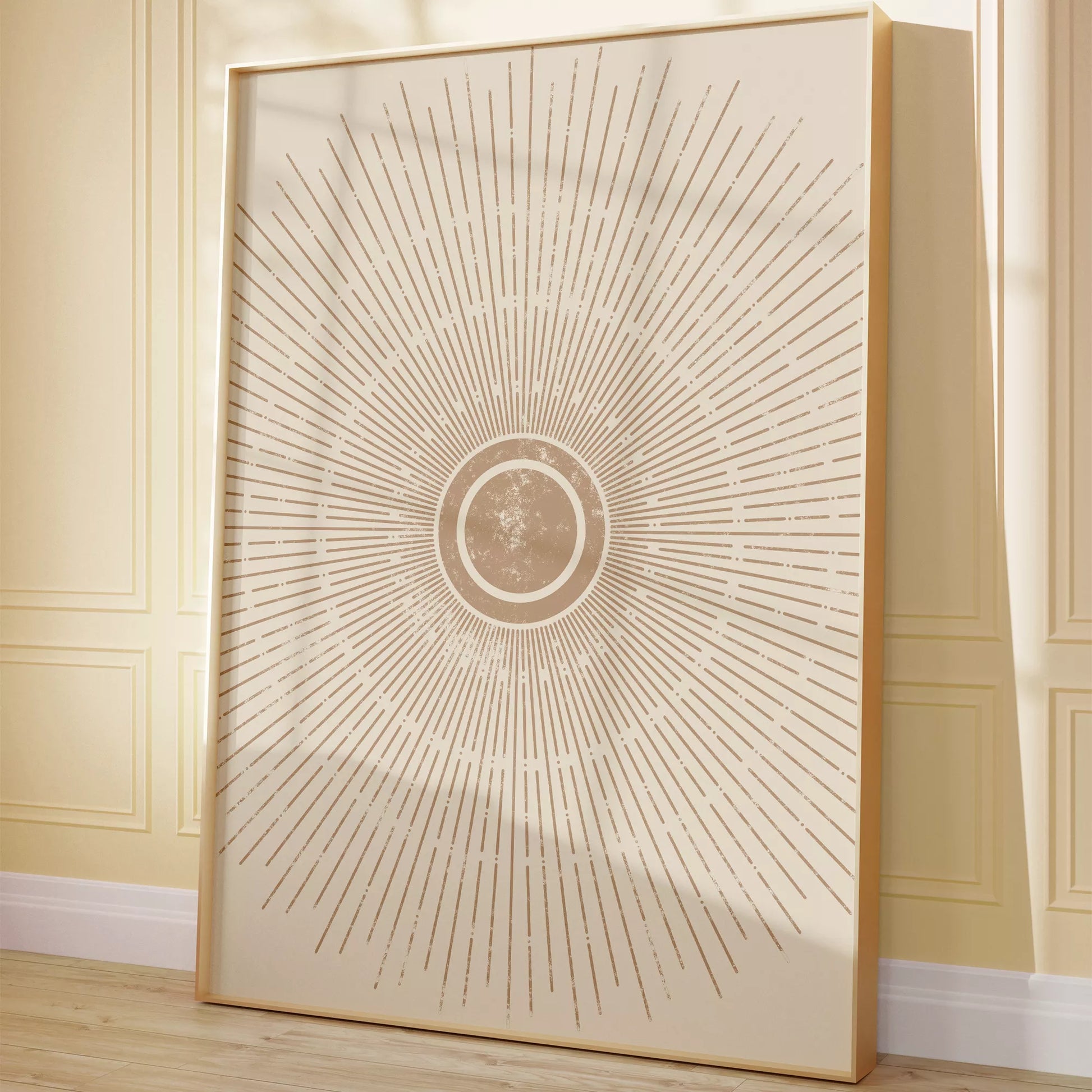 優雅な放射状デザイン、ベージュゴールドの日の出アート