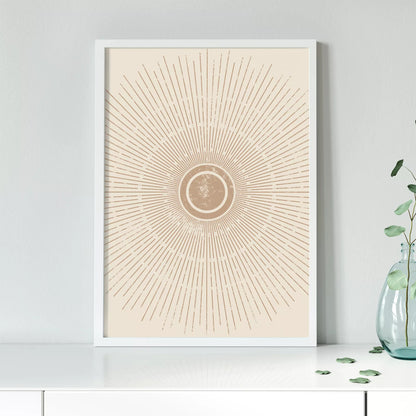 優雅な放射状デザイン、ベージュゴールドの日の出アート