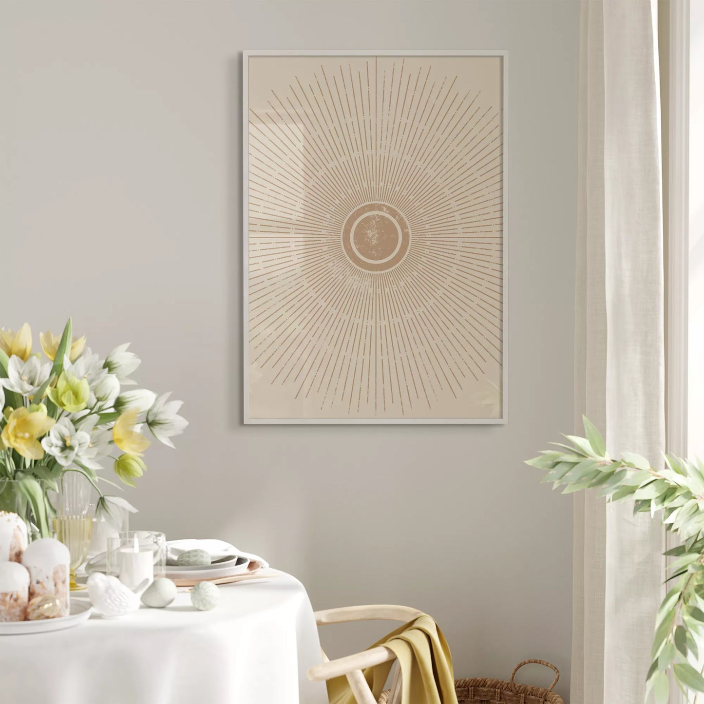 優雅な放射状デザイン、ベージュゴールドの日の出アート
