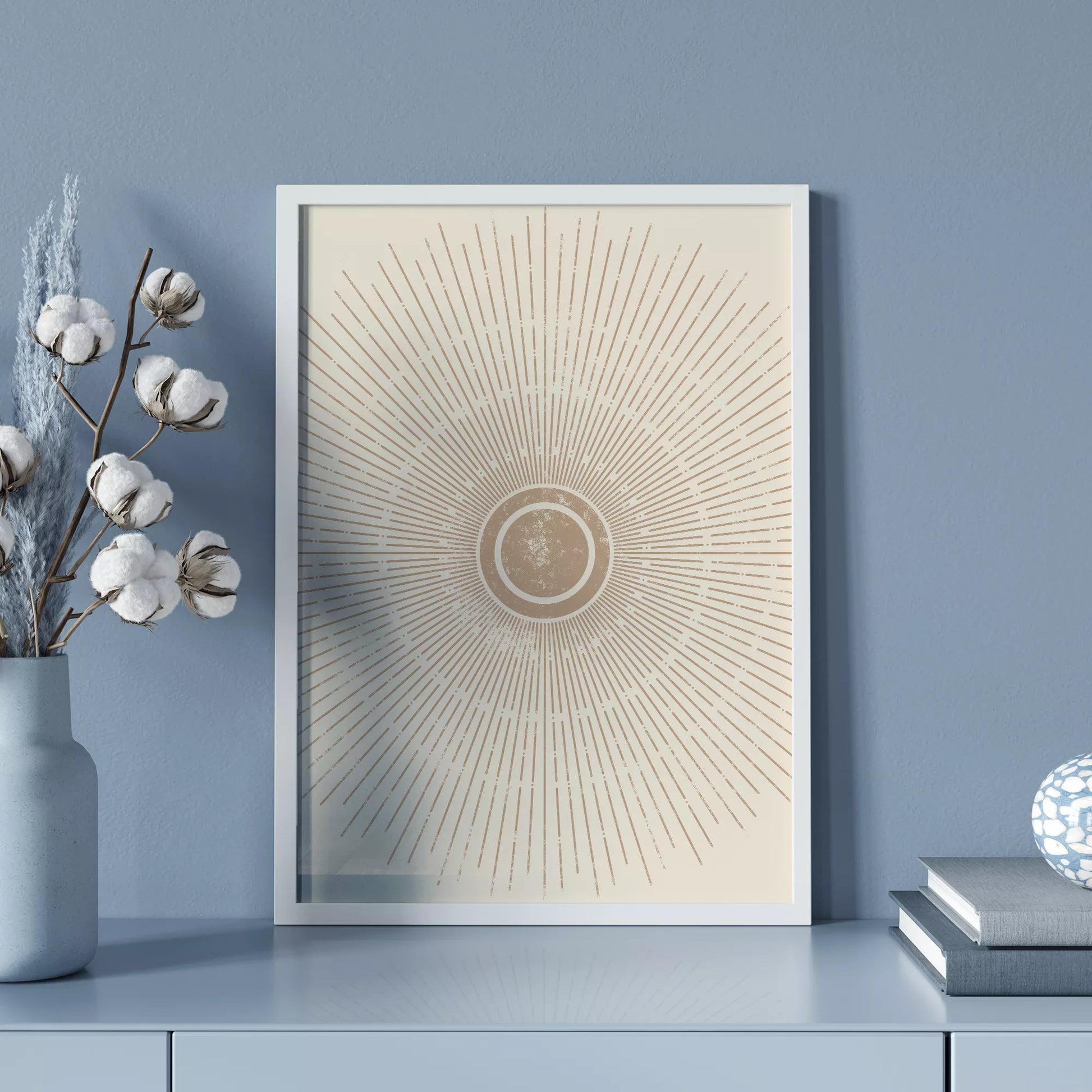 優雅な放射状デザイン、ベージュゴールドの日の出アート