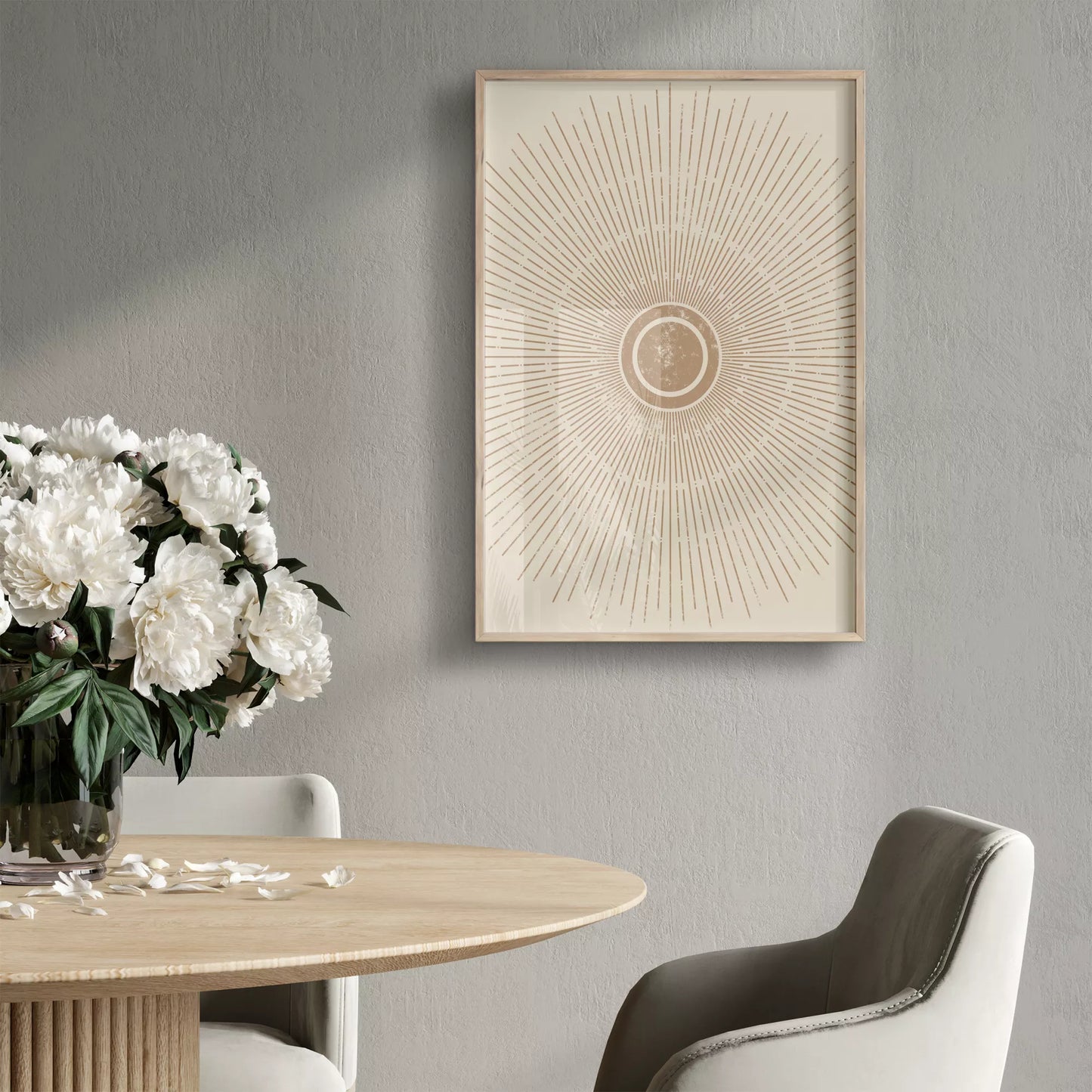 優雅な放射状デザイン、ベージュゴールドの日の出アート