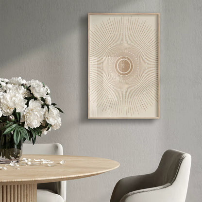 優雅な放射状デザイン、ベージュゴールドの日の出アート