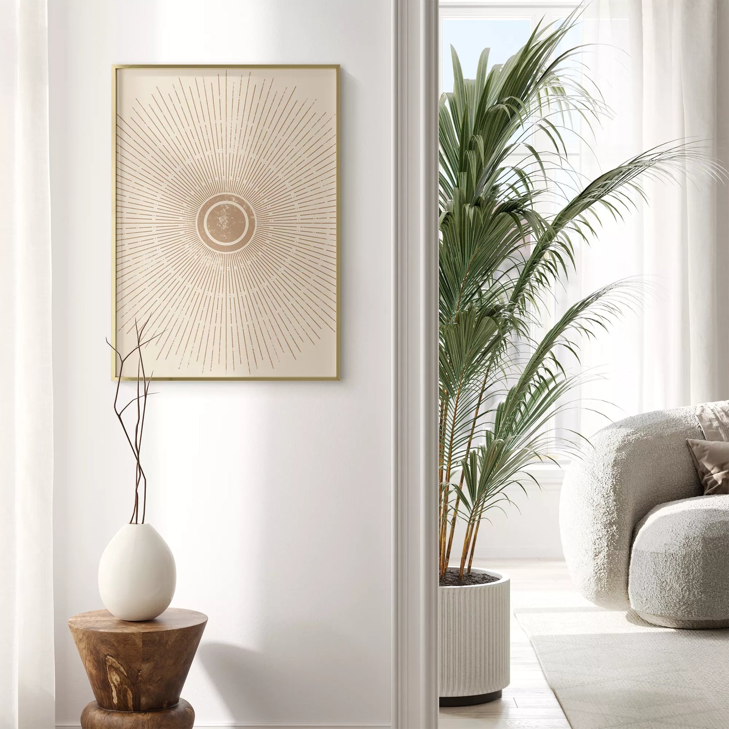 優雅な放射状デザイン、ベージュゴールドの日の出アート