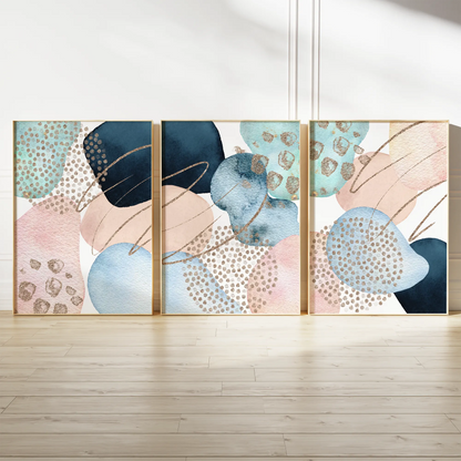ブルーとピンクにゴールドが煌めく抽象アートポスター 北欧モダンインテリア 3枚セット