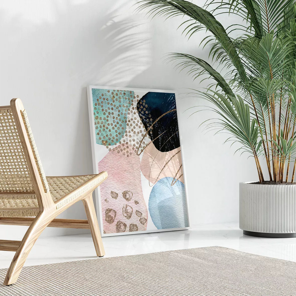 青とピンクの抽象アート3枚セット ゴールドアクセント モダンデザイン