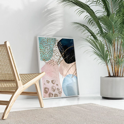 青とピンクの抽象アート3枚セット ゴールドアクセント モダンデザイン