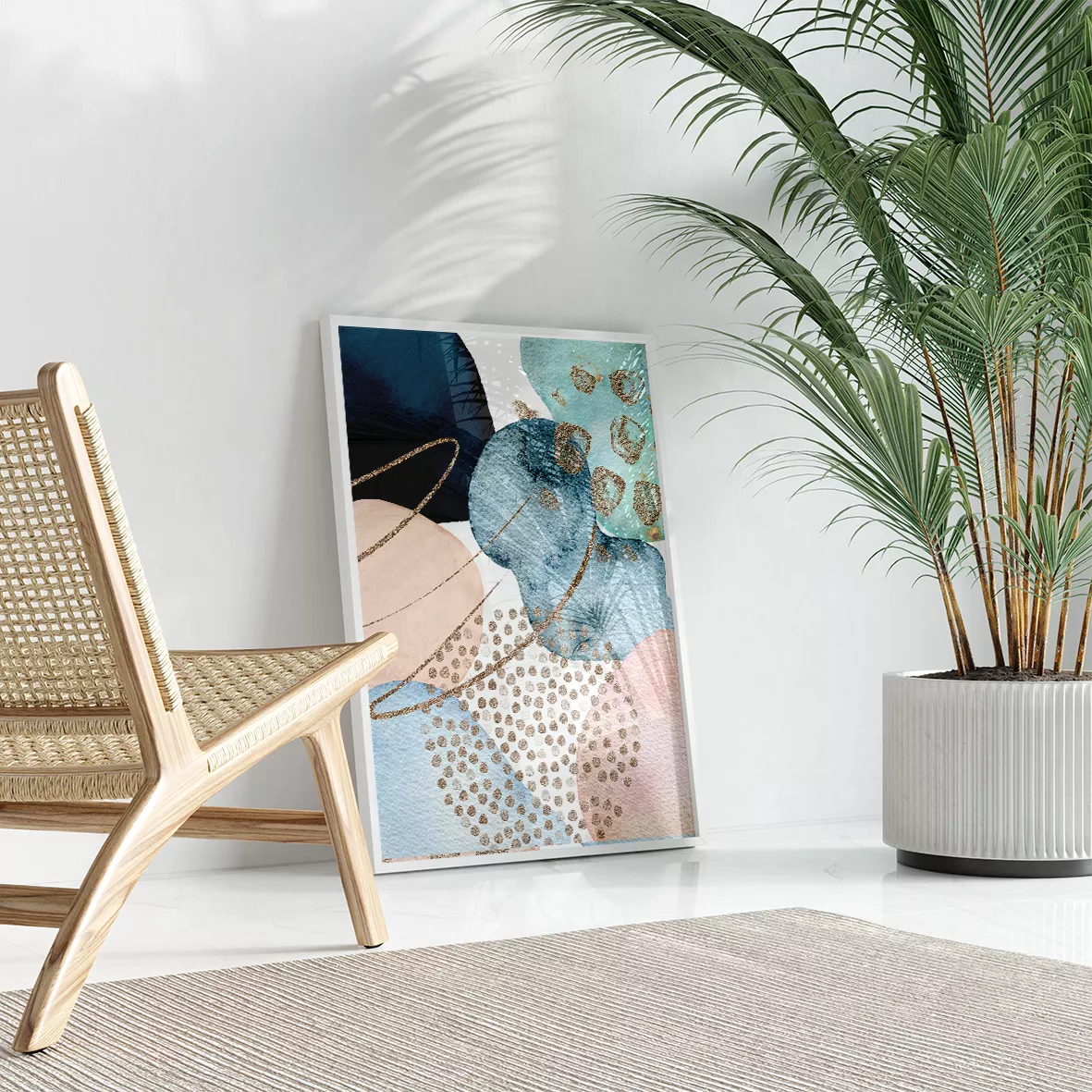 青とピンクの抽象アート3枚セット ゴールドアクセント モダンデザイン